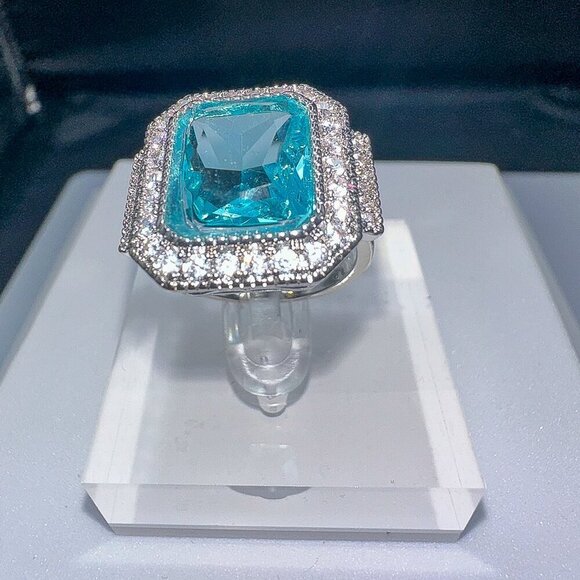 Aquamarine and Cubic Zirconia Ring, Silver, Women's Size Various - Picture 3 of 4